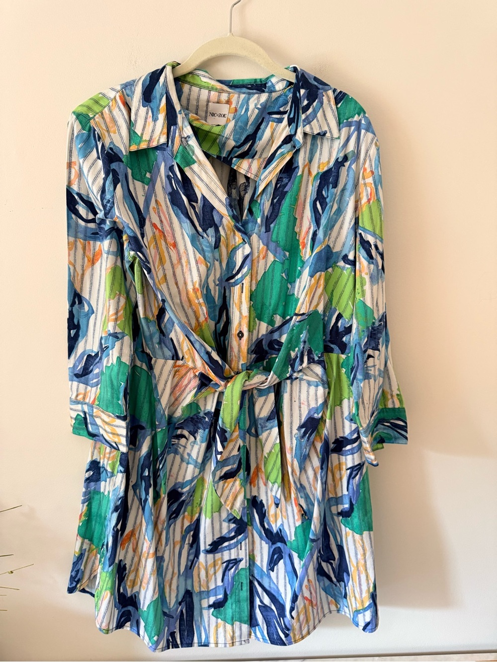 Nic + Zoe Vibrant Abstract Print Shirt Dress in Blue & Green. XL.